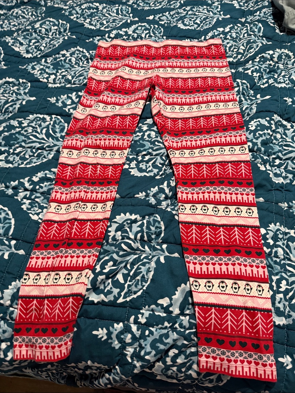 Holiday Time Red and Cream Penguin Fair Isle Girls Leggings